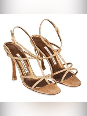 Manolo Blahnik Metallic Gold Strappy Slingback Heels